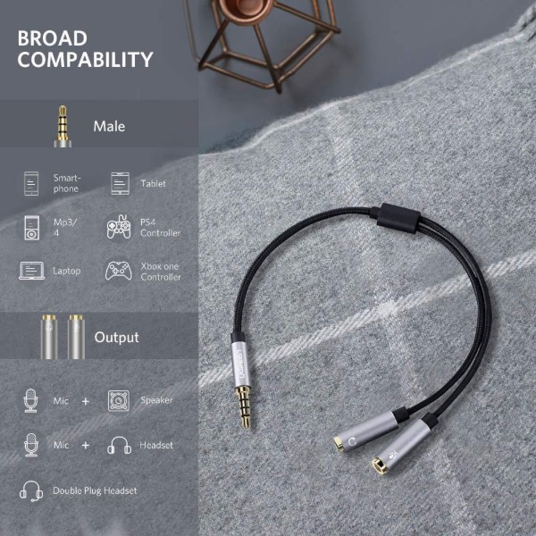 Фото - Кабель 3.5 мм - 3.5 мм UGREEN AV141 3.5mm Male to 2x3.5mm Female Headset Splitter 20 см Black (30619)